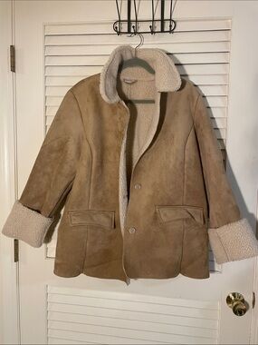 Damart Tan Faux Suede Cream Faux Shearling Jacket Like New